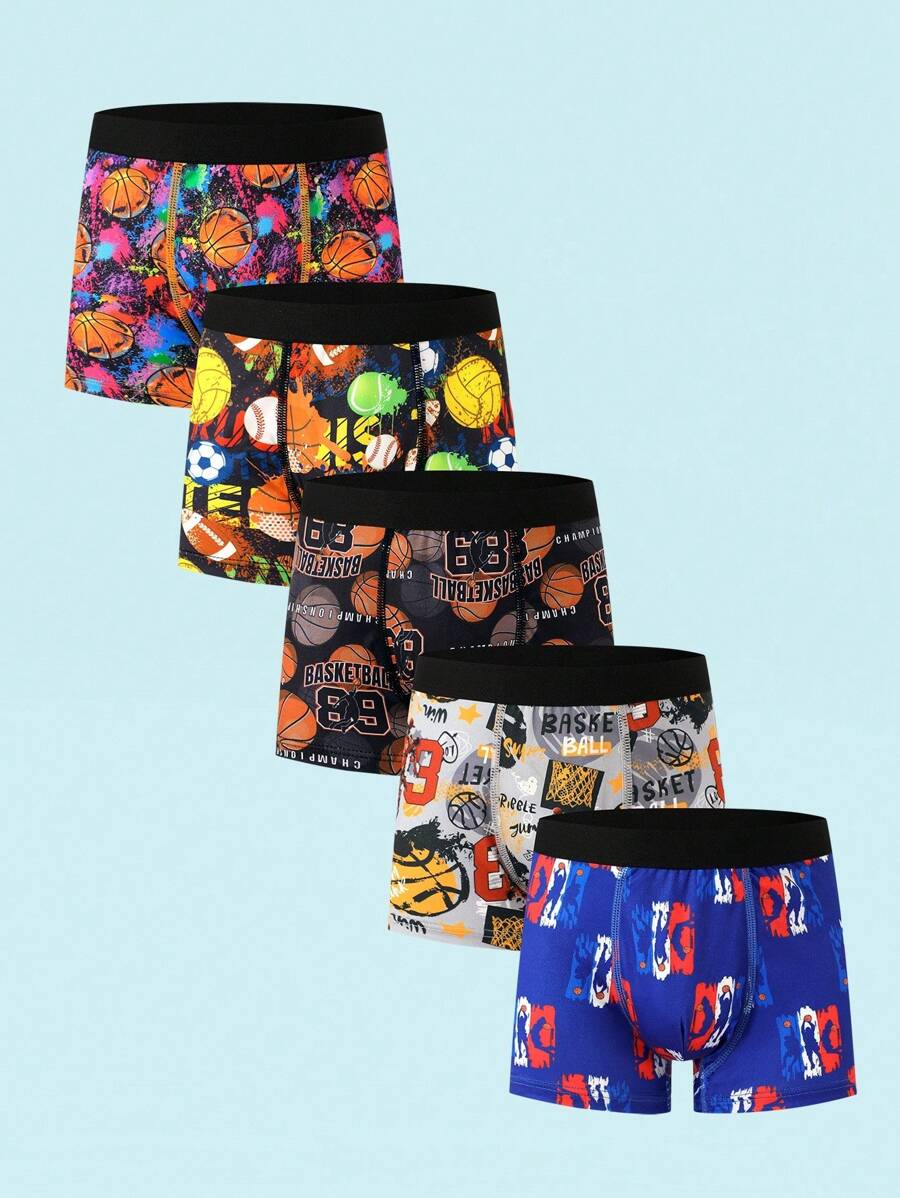 5pcs/Pack Boys' Fashionable Colorful Basketball Print Breathable Boxer Briefs, Suitable For Autumn & Winter - Multicolor - View 1