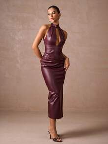 Lumalex 秋冬季仿皮亮面高领V领镂空修身开衩连衣裙，女士派对必备，优雅魅力，新款时尚，奢华舞会聚会宴会，低调奢华，闪耀节日派对狂欢节郊游度假，户外热门，层次丰富，婚礼季宴会，宰牲节派对新年皮裙酒红色连衣裙，镂空连衣裙 - 酒紅色 - 查看 6