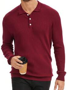Manfinity Dauomo Men's Solid Color Polo Neck Long Sleeve Casual Sweater - Burgundy - View 4
