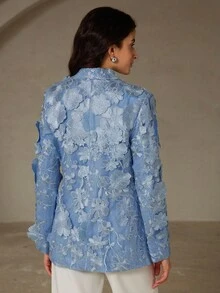 Zanirela 优雅浪漫 3D 花卉装饰女士长袖开衫夹克，带口袋和纽扣 - 藍色 - 查看 2