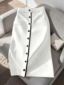 GlowEve 女士休闲单排扣口袋直筒裙，百搭 - 白色 - 查看 1