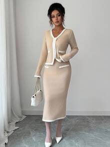 Elenzga Damen Herbst/Winter Neue Bequeme Strick Khaki V-Ausschnitt Langarm Patchwork Hochwertige Spitze 3D Rose Eleganter Elastischer Bund Vielseitiger Einfacher Pullover & Rock Business Lässig Chic Outfit - Khaki - Übersicht 5