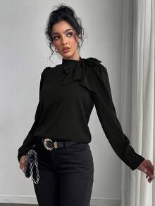 SHEIN Raffinéa 女士纯色优雅百搭系带领泡泡袖衬衫 - 黑色 - 查看 5