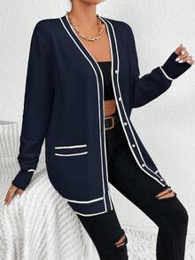 EMERY ROSE Casual Color Block Trim Dual Pocket Cardigan, Spring/Autumn Fall Winter Cloth For Women - Navy Blue - View 5