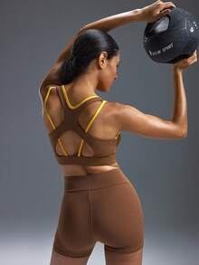 Powerista Women's Brown Workout Set, Brown Sports Bra & Short For Running & HIIT - Brown - View 2