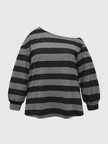 ROMWE Sweat-shirt-shirt oversize décontracté à manches raglan rayées - Noir - Voir 1