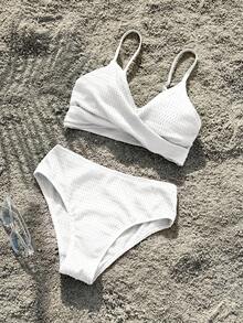 SHEIN Bộ đồ bơi hai dây dệt kim trơn màu cho bé gái tuổi mới lớn, mùa xuân/hè - trắng - Xem 4