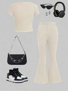 Conjunto de 2 piezas para adolescentes - Camiseta con decoración de lazo y pantalones de pierna ancha, conjunto de verano estilo "soft girl", ropa a juego para estar en casa, estilo callejero, nueva llegada 2025, conjunto a juego con estampado de lazos lindo - Multicolor - Ver 5