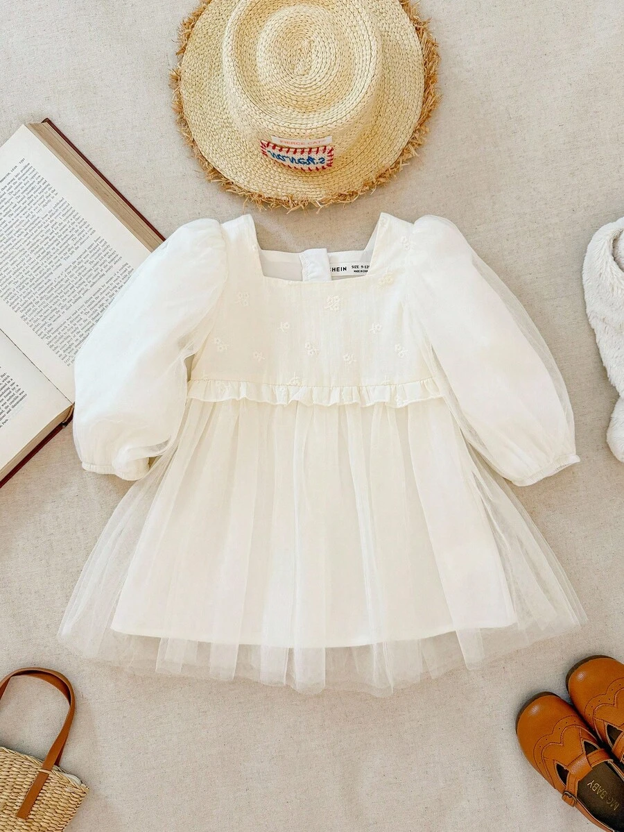 SHEIN 女婴法式优雅刺绣棉质网眼拼布方领连衣裙 - 白色 - 查看 1