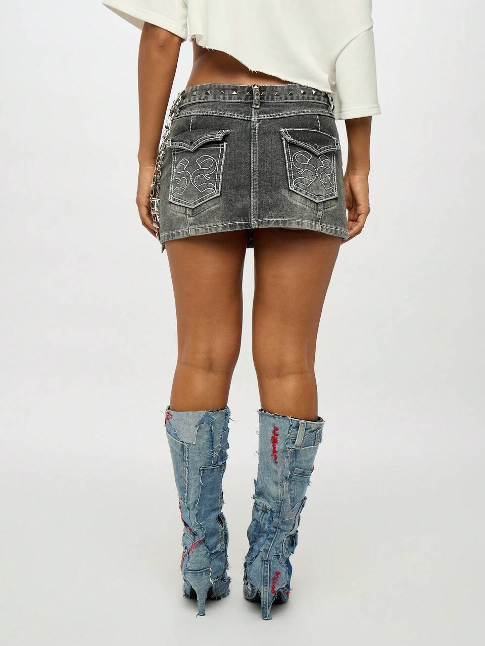 SUMWON WOMEN Studded Denim Mini Skirt With Chain Detail