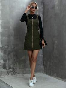 LanaWest O-Ring Zip Up Corduroy Overall Dress - Army Green - View 5
