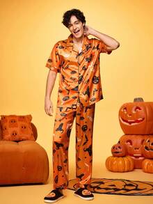 Halloween Satin Shiny Wizard Hat Funny Print Silly Pumpkin Bat Skull Family Party Cardigan Pajama Set 2pcs For Men - Orange - View 3