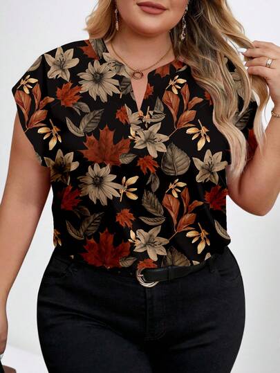 EMERY ROSE Camisa de mujer de talla grande con estampado de hojas de otoño y flores, de estilo retro, versátil, casual y elegante, adecuada para el regreso a clases, atuendo profesional y atuendo de maestro