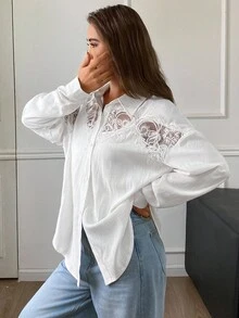 DAZY Women's Casual Loose Contrast Lace Long Sleeve Turndown Collar Blouse, Suitable For Spring And Autumn - White - View 1
