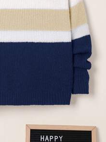 SHEIN Tween Boy Oversized Striped Hooded Pullover Sweater, In Fall/Winter - Navy Blue - View 4