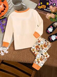 SHEIN Cremefarbenes helles Apricot, süßes und lustiges Cartoon Halloween Kürbis, Geist, Spinnennetz, Fledermaus, Totenkopf, Tiermuster Baby Mädchen Lässig Minimalistisch Weich Bequem Rundhals Langarm T-Shirt und Leggings Thermisch gefütterte dicke Pyjamas, geeignet für Herbst/Winter - Verschiedenfarbig - Übersicht 2