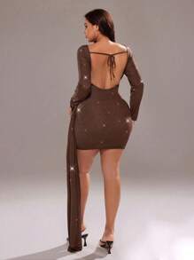 Rustia Plus Size Women's Solid Color Round Neck Long Sleeve Ruched Patchwork Tie Waist Elegant Dress Fall Cloth For Women - Brown - View 2