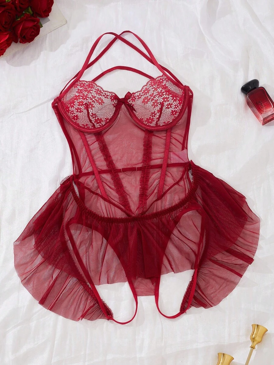 SHEIN Women's Lace Contrast Mesh Sheer Backless Bodysuit For Rave For Going Out - Burgundy - View 1