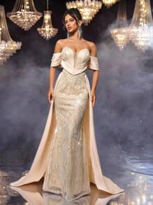 Glamrae Elegant Champagne Satin Strapless Formal Evening Dress, Luxury Dignified Pleated Waistline Bowknot High-Low Hem Train Wedding Gala Party Gown - Champagne - View 1