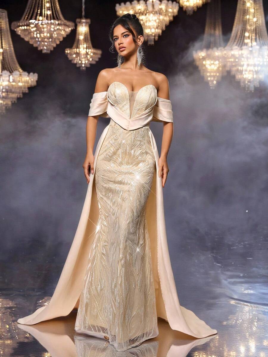 Glamrae Elegant Champagne Satin Strapless Formal Evening Dress, Luxury Dignified Pleated Waistline Bowknot High-Low Hem Train Wedding Gala Party Gown - Champagne - View 1