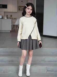 少女优雅休闲圆领白色开衩下摆毛衣，不对称下摆针织上衣，秋季新款 - 杏色 - 查看 7