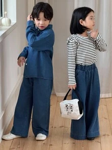 Genkimix Kids Bộ đồ thường ngày mùa xuân/thu mới dành cho bé gái, áo thun dài tay kẻ sọc + quần jeans ống rộng dáng suông, dễ thương và đơn giản. - Đen và trắng - Xem 5