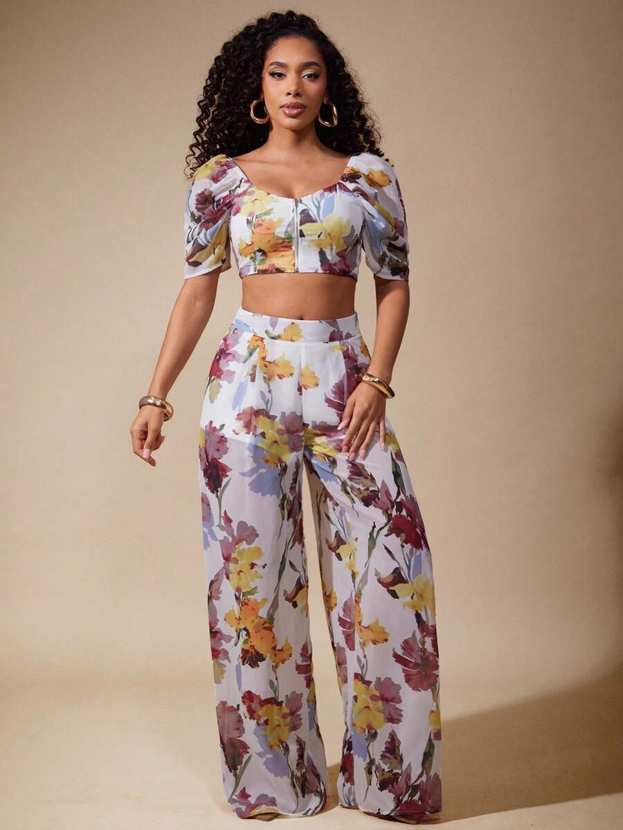 Vixey Floral Print Casual Fashion Loose Wide-Leg Women Pants - Multicolor - View 1