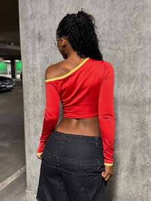 StreetHx Women's Sexy Asymmetric Neck Red English Print Cropped Long Sleeve T-Shirt, Street Fashion Style Fall Cloth For Women - Red - View 2