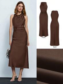 Maija Women's Solid Color Ruched Draped Neck Sleeveless Maxi Dress, Elegant Business Casual Dress, Vintage Style,Autumn Outfits For Women, Christmas Women's Clothing Party Dress