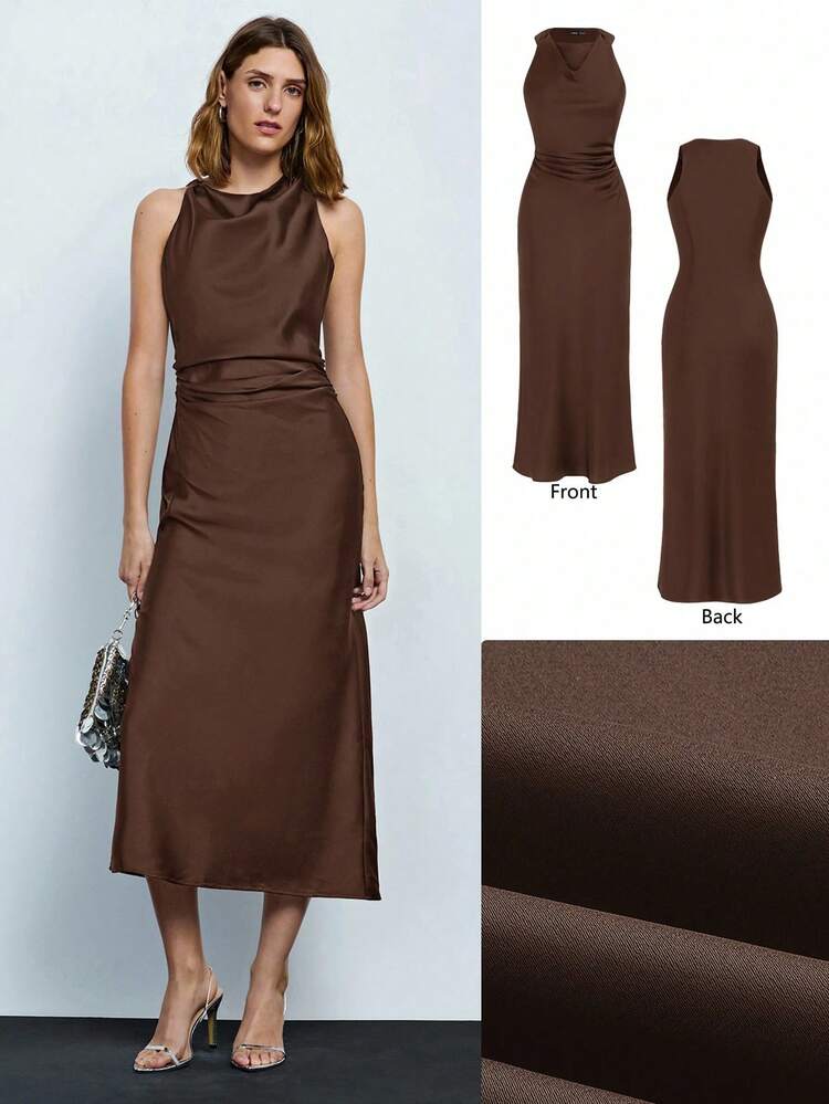 SHEIN Maija Women's Solid Color Ruffled Collar Pleated Elegant Sleeveless Maxi Dress, Business Casual Elegant Dress, Vintage Style