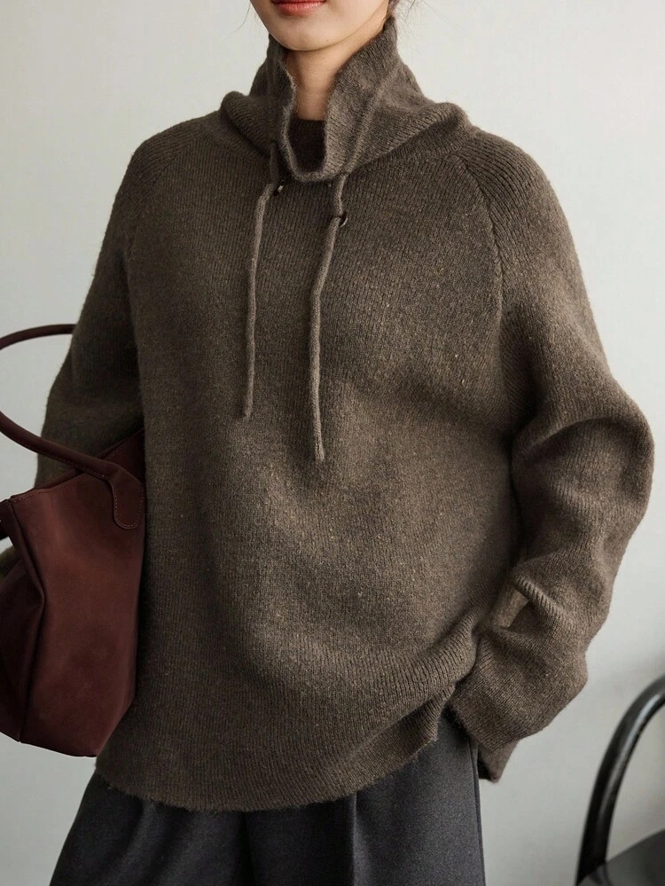 Women's Loose Business Casual Drawstring High Neck Solid Color Minimalist Knit Sweater, Suitable For Autumn And Winter Office Wear