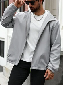 Manfinity Homme Jaqueta corta-vento masculina plus size, cor sólida, manga comprida, zíper, casual, com capuz, para atividades ao ar livre, outono - Cinza - Ver 4