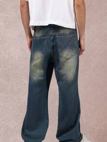 SUMWON Wide Leg Vintage Wash Jeans Flared Bell Bottom Denim Pants Retro Y2K Fashion Skater Style Streetwear Relaxed Fit Classic 5 Pocket Design Fall Winter Plain - Blue - View 3