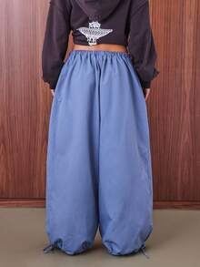 COUREZ Quần ống rộng cạp thấp kiểu quần dù với họa tiết sinh viên / Trang phục đi chơi phong cách Y2K mùa thu, quần áo nữ mùa thu, quần áo mùa đông, quần ống rộng đi học. - Màu xanh lam - Xem 3