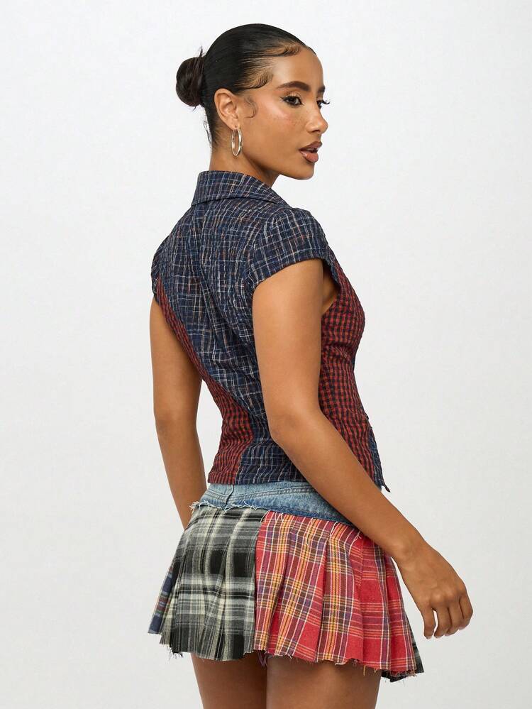 SUMWON WOMEN Asymmetric Plaid Button Down Fitted Shirt With Contrast Pattern