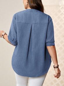 EMERY ROSE 大码短袖衬衫，夏季时尚 - 藍色 - 查看 2