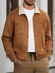 Manfinity CasualCool Áo khoác nam tay dài cổ màu tương phản, túi đơn cài khuy, áo khoác Sherpa màu nâu thời trang thu đông - Cà phê nâu - Xem 3