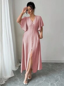 Elenzga 大码女式春夏法式优雅通勤休闲度假下午茶波西米亚风 V 领纽扣装饰 A 字开衩喇叭袖长裙 - 粉色 - 查看 6