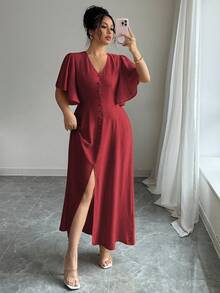 Elenzga 大码女式春夏法式优雅通勤休闲度假下午茶波西米亚风 V 领纽扣装饰 A 字开衩喇叭袖长裙 - 酒紅色 - 查看 1