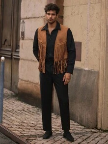 EASEVO Plus Size Men's Fashionable Vintage Fringe Decorated Vest Jacket Fringe Jacket Mens Fringe Men Waist Coat Western Vest For Men - Coffee Brown - View 5