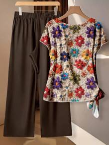 EMERY ROSE Conjunto de dos piezas de blusa de mangas de murciélago con estampado floral vintage y pantalones sólidos caqui para el Día del Maestro, Día de Regreso a Clases, Madre de la Novia, Elegante Atuendo para Eventos y Fiestas de Señoras, Talla Grande