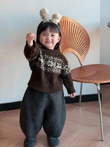 DAZY Baby Girls' Crew Neck Contrast Color Cartoon Print Long Sleeve Sweater Fall,Winter Toddler Girls Clothes - Coffee Brown - View 7