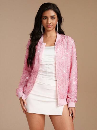  Glamine Women's Elegant Sequin Mesh Round Neck Long Sleeve Zip Up Bomber Jacket,Going Out Tops Women Date Night Outfits Women Fashionable Autumn/Winter Outerwear