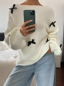 Livesso Suéter feminino com decoração de laço no ombro oblíquo de outono - Branco - Ver 3