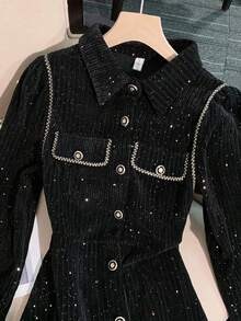 Franclia Long Sleeve Solid Color Black & Gold Lace Trim Dress, Elegant Style For Autumn/Winter - Black - View 5