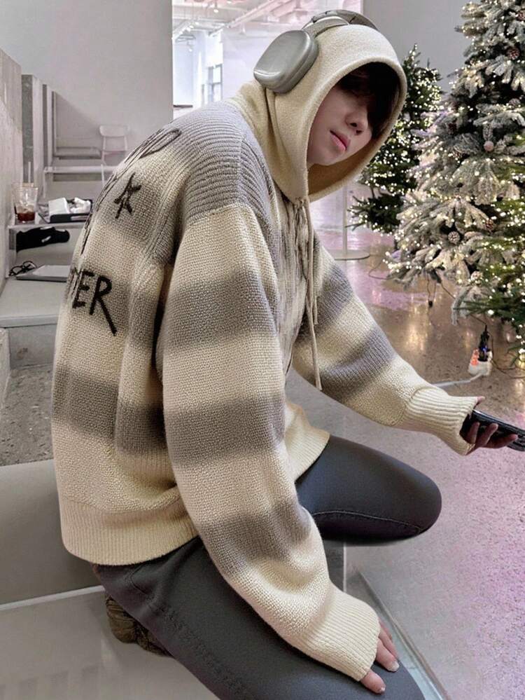 Men's Letter Print Striped Design Hooded Sweater, Autumn