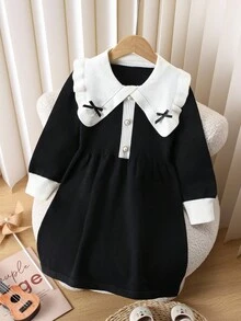 Souflis Souflis Váy len cổ bẻ cho bé gái, váy dệt kim dài tay trang trí nơ, phong cách học thuật, thích hợp mặc hàng ngày, đi chơi, ngày lễ và tiệc tùng, có thể dùng làm quà tặng - màu đen - Xem 8