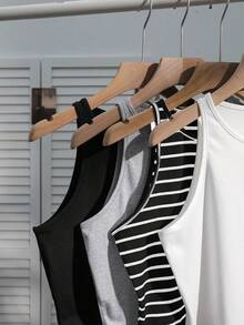 SHEIN EZwear 4件套女士休闲黑白条纹性感修身吊带背心，夏季 - 彩色 - 查看 4