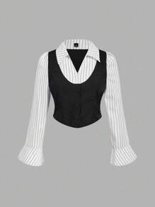 SHEIN MOD Plus Size Black And White Contrast Stripe 2-In-1 Shirt,Autumn Elegant Office Wear Business Attire,Patchwork Turndown Collar Flared Sleeve Tops,Vintage - Black and White - View 2
