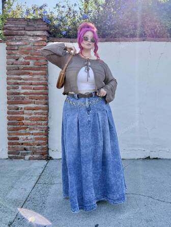 Hourglow Plus Size Blue Casual Loose A-Line Denim Skirt Vintage Denim Halloween Outfits Vintage Elegant Women High Waist Casual A-Line Flare Skirt Homecoming Going Out Skirt Christmas Outfits Fall Skirts Fall Clothes Thanksgiving Skirt Maroon Skirt Fall Long Skirt Winter Skirt Winter Women Clothes